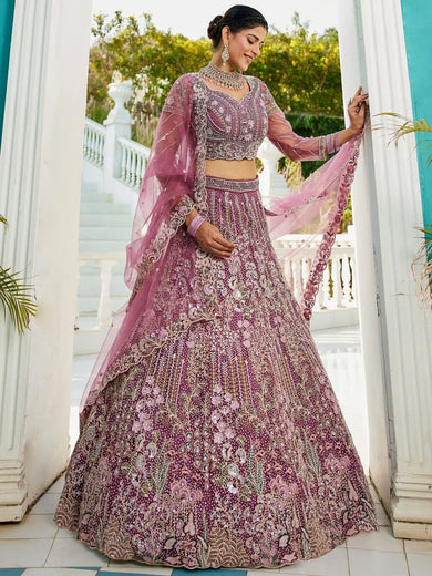 Outstanding Lavender Embroidered Net Bridesmaid Lehenga Choli - Ethnic Plus In